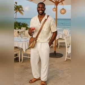 Men Big Tall 48x32 White Linen Vacation Cruise Resort Relaxed Fit Pants New